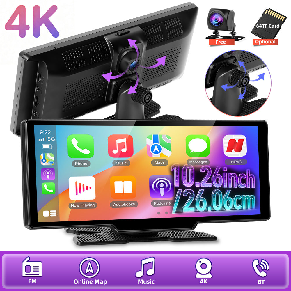 26,06 cm 4K Wireless CarPlay Android Auto Supporto Airplay SuperLink WiFi Video Fotocamera Dual DVR Anteriore e Posteriore B-T per Auto Camion Furgoni Supporto Fotocamera Posteriore con Registrazione in Loop e Riproduzione Video
