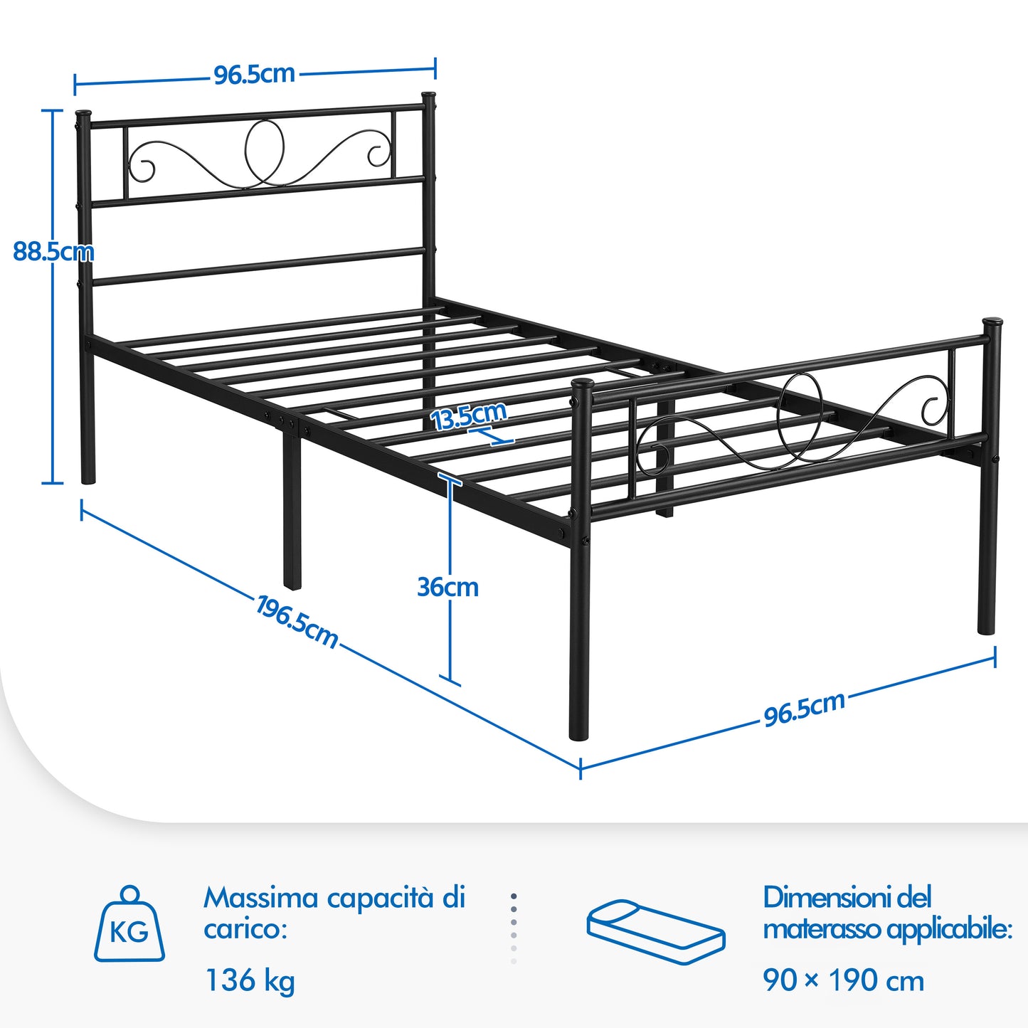 Costoffs Struttura Letto Stile Rustico Moderno in Metallo con Testiera Elegante e Pediera per Appartamento Camera da Letto Stanza degli Ospiti Studio