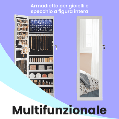 Armadietto Portagioie da Parete o Porta, con Specchio e 6 Lampadine LED, Serratura