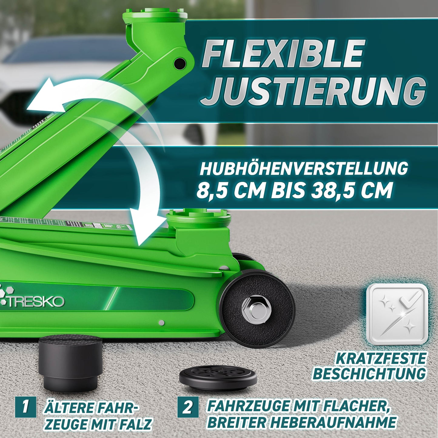 Cric idraulico per auto TRESKO® 2.5 - 3T | Cric idraulico per spostamento auto e SUV con ruote piane e a 360°, include 2 guarnizioni in gomma, tappetino protettivo, guanti