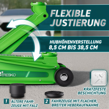Cric idraulico per auto TRESKO® 2.5 - 3T | Cric idraulico per spostamento auto e SUV con ruote piane e a 360°, include 2 guarnizioni in gomma, tappetino protettivo, guanti