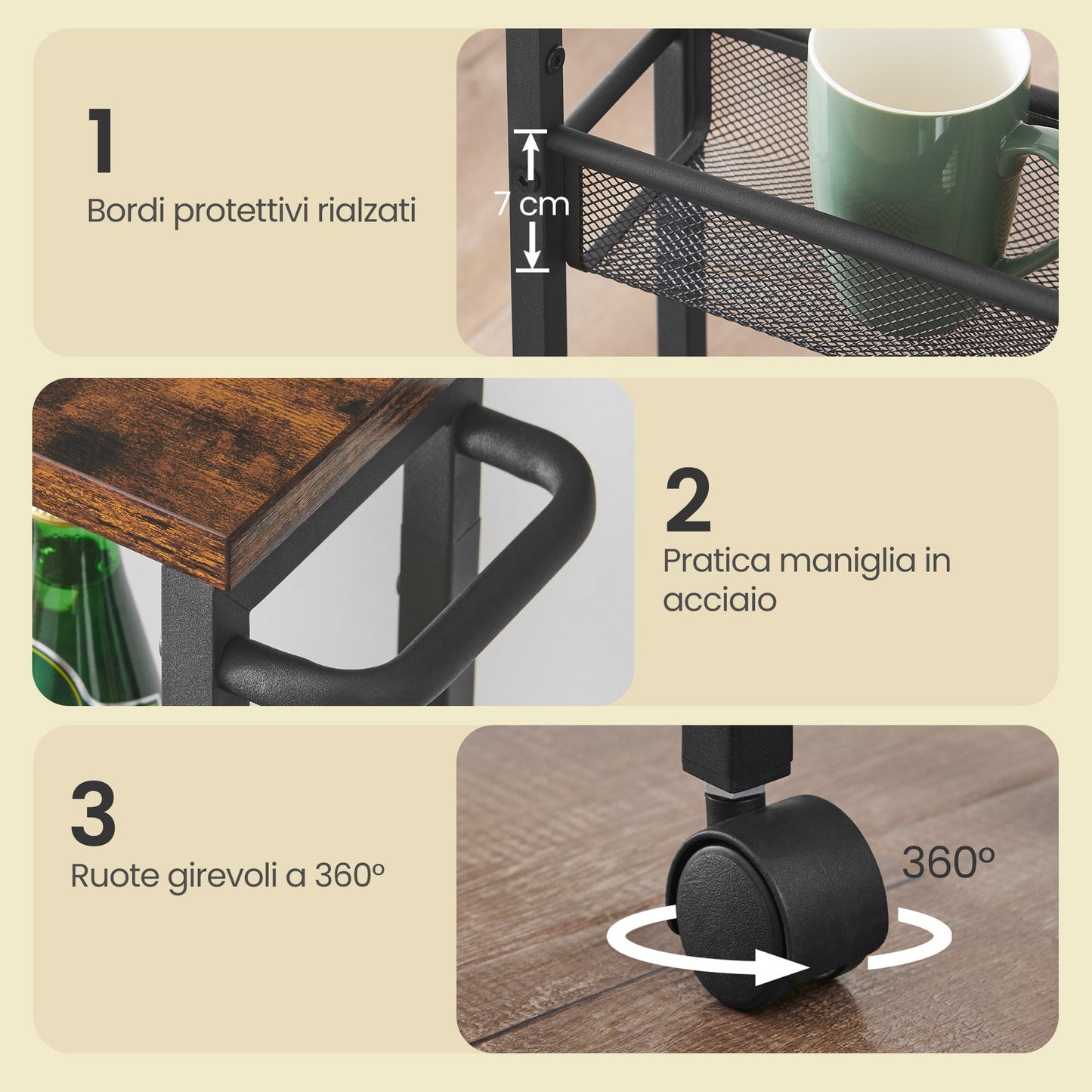 Carrello multiuso con rotelle, design sottile, si inserisce perfettamente negli spazi della cucina. Adatto per l'uso vicino alle cappe aspiranti, nei bagni e accanto ai frigoriferi.