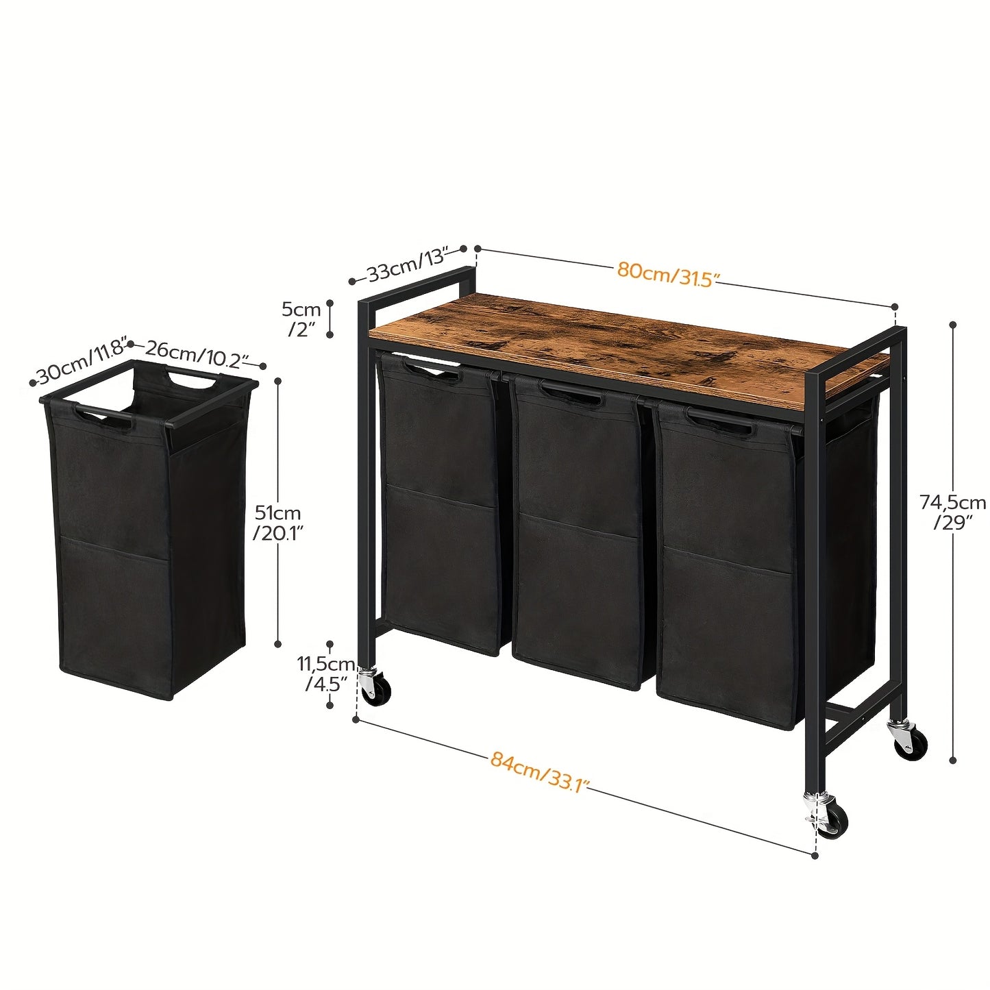 Cesto per la biancheria 3 scomparti, raccoglitore per la biancheria con ripiano, scatola per la biancheria, carrello per la biancheria, 3 X 39.8 L, sacco per la biancheria realizzato in tessuto Oxford, 84 X 33 X 74.5 Cm, marrone-nero vintage, cesti per la