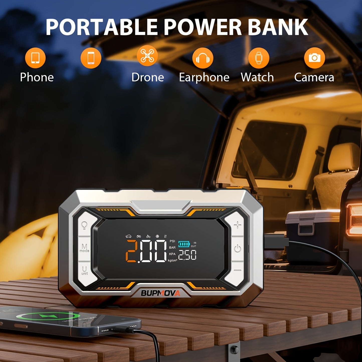Avviatore di emergenza per auto 9500A con compressore d'aria, gonfiatore per pneumatici cordless, booster per batteria auto con power bank e torce a LED, scatola di avviamento automatico 12V per tutti i veicoli a benzina o diesel da 10.0L, doppia display
