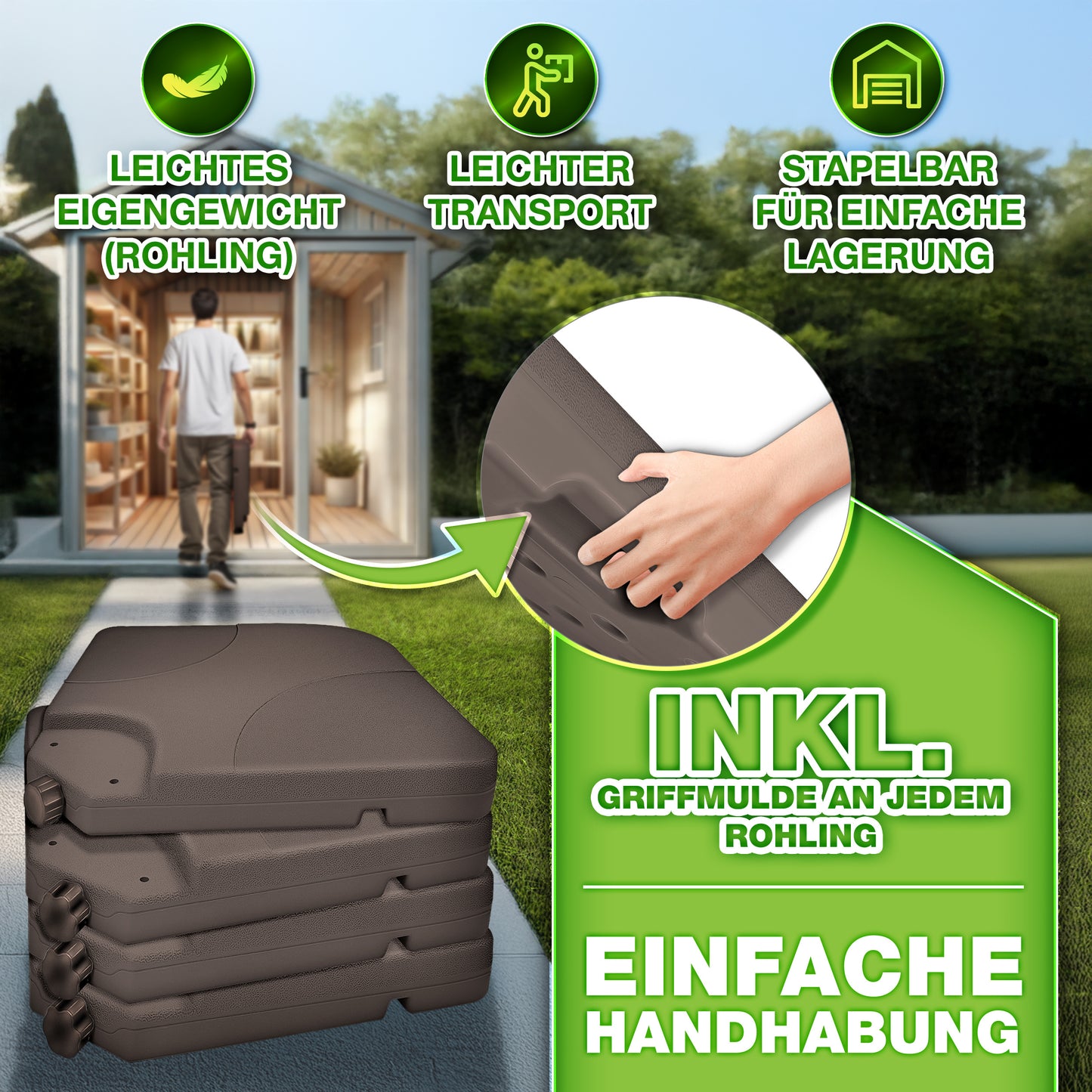 Tillvex® Supporti per Ombrelloni da Sole 60 Litri / 80 Kg - 4 Parti per Ombrellone con Semaforo Incluse Connettori in Metallo | Peso Ombrellone Riempibile con Acqua o Sabbia | Supporto per Ombrellone Resistente alle Intemperie per Balcone Esterno, Terrazz