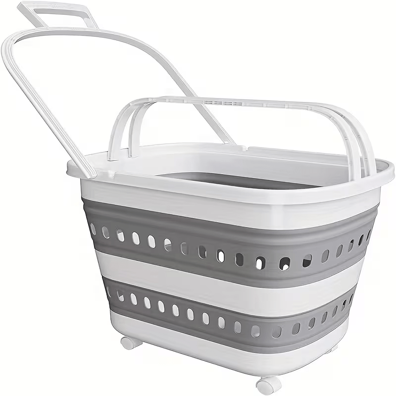 Cesto per il bucato retrattile e pieghevole con ruote - 45 litri - Bianco Grigio