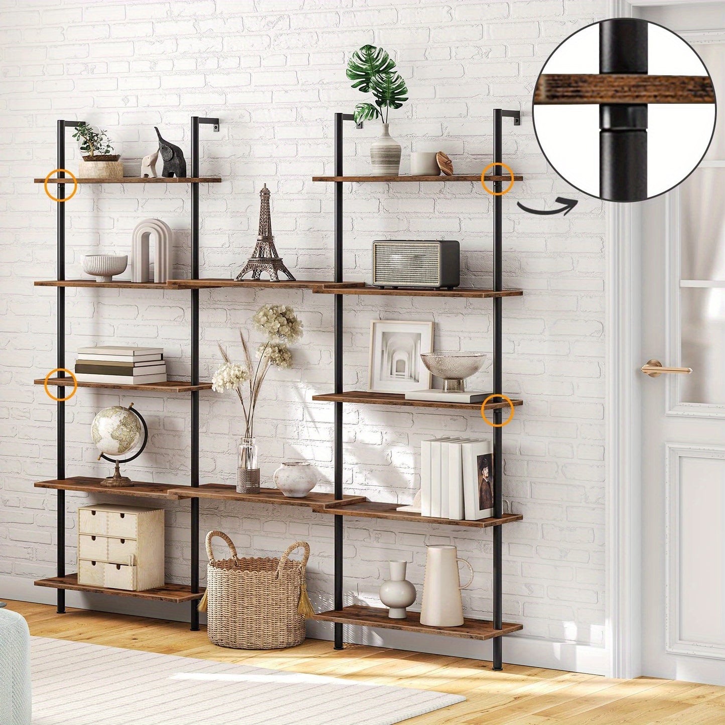 Libreria fai da te a 6 ripiani, scaffale a scala industriale, scaffalatura in truciolato, scaffalatura verticale da pavimento, con telaio di stabilizzazione in metallo, per ufficio domestico, soggiorno, marrone scuro