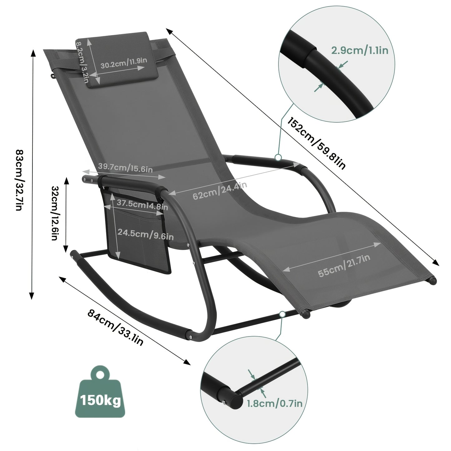 1 Sedia altalena da giardino Sedia da giardino Mobili per esterni Altalena singola da esterno Poltrona lounge balcone doppio uso sedia da sole con ripostiglio in grigio e nero opzionale poltrona relax con cuscino rimovibile carico elevato di 150 kg adatto