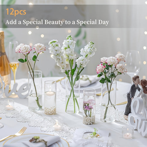 Set da 12 pezzi di vasi cilindrici moderni adatti per centrotavola nuziali, portacandele antivento e vasi alti per candele, fiori, decorazioni da tavola - Confezione per feste di compleanno, proposte di matrimonio, Natale, anniversari, decorazioni per uff