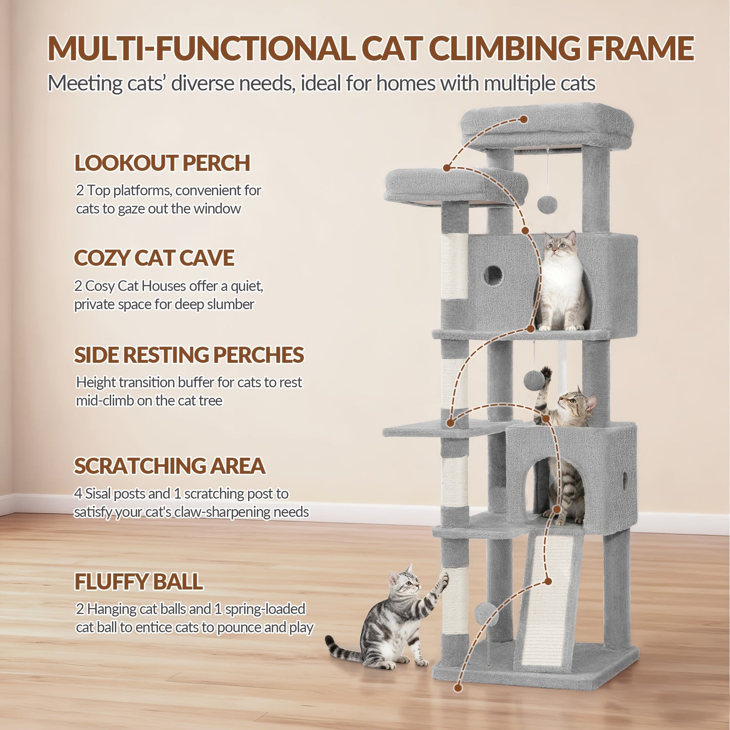 Grande Albero per Gatti, 152cm Tiragraffi, Robusto Albero per Gatti Grandi con Tiragraffi in Sisal, Tavola per Graffiare, 2 Comode Casetta per Gatti, 2 Piattaforme, Pompon, Area Riposo