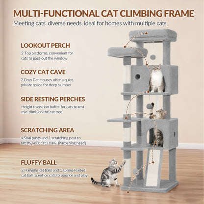 Grande Albero per Gatti, 152cm Tiragraffi, Robusto Albero per Gatti Grandi con Tiragraffi in Sisal, Tavola per Graffiare, 2 Comode Casetta per Gatti, 2 Piattaforme, Pompon, Area Riposo