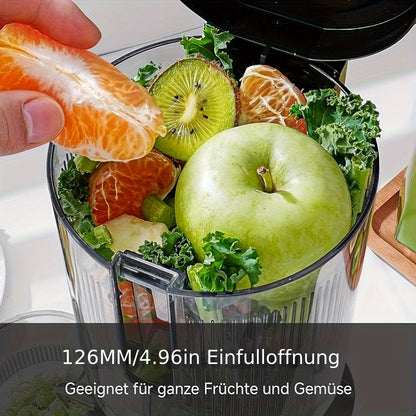 AMZCHEF Estrattore di Succo Professionale a Pressione a Freddo - Tubo di Alimentazione Extra Largo 126mm - Tecnologia a Masticazione Lenta con Funzione Inversa - per Frutta Intera, Verdure a Foglia e Ortaggi - Include 2 Bicchieri in Tritan e Spazzola per