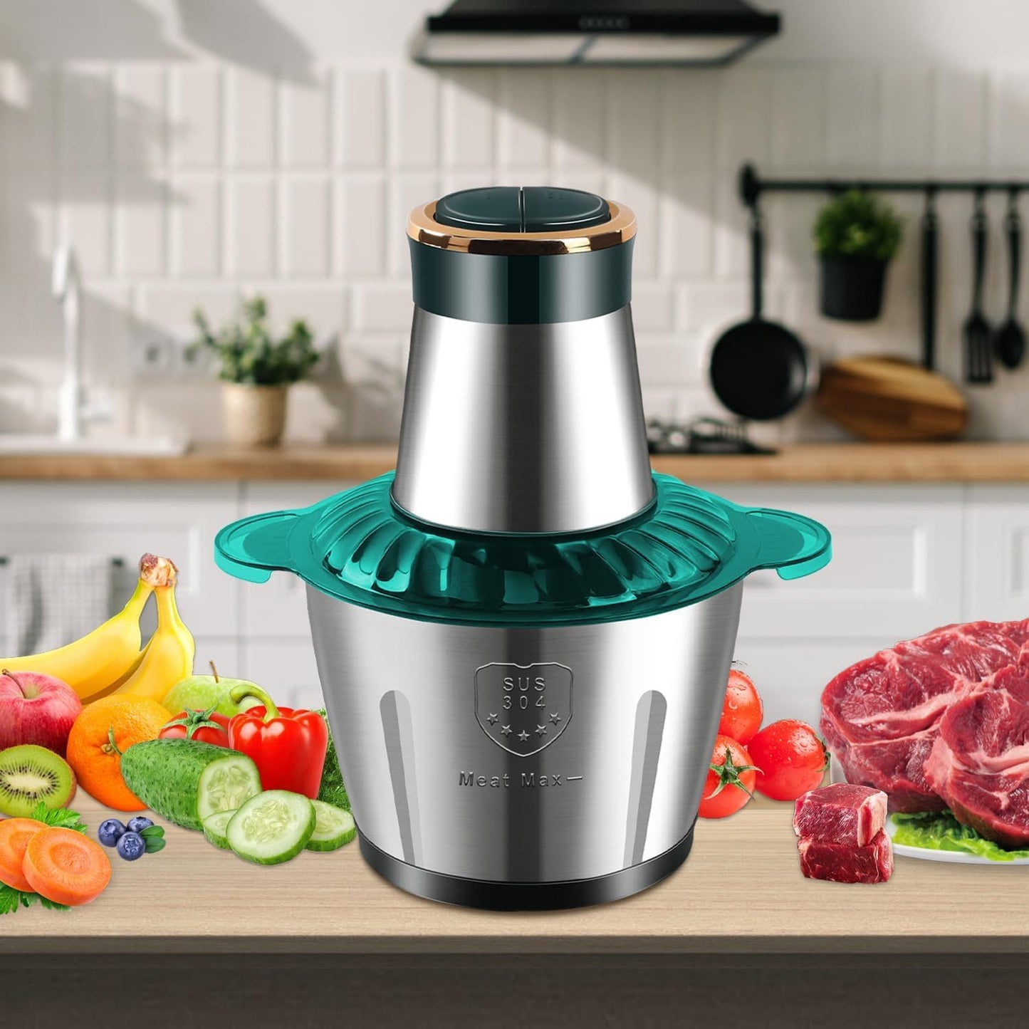 Robot da cucina in acciaio inossidabile, tritatutto, tritacarne elettrico 500W, 5L, tritacarne in acciaio inossidabile per cucina, verdure, cipolle, aglio, insalata, omogeneizzati, noci con 6 lame in acciaio inossidabile