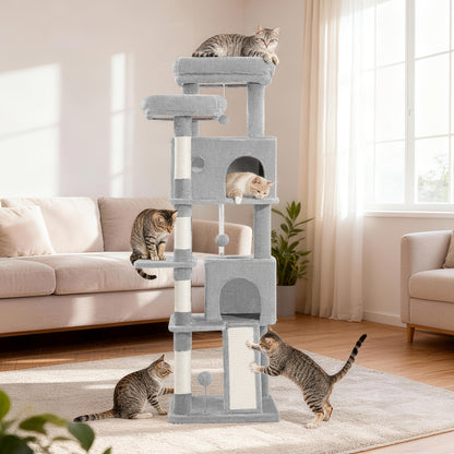 Grande Albero per Gatti, 152cm Tiragraffi, Robusto Albero per Gatti Grandi con Tiragraffi in Sisal, Tavola per Graffiare, 2 Comode Casetta per Gatti, 2 Piattaforme, Pompon, Area Riposo