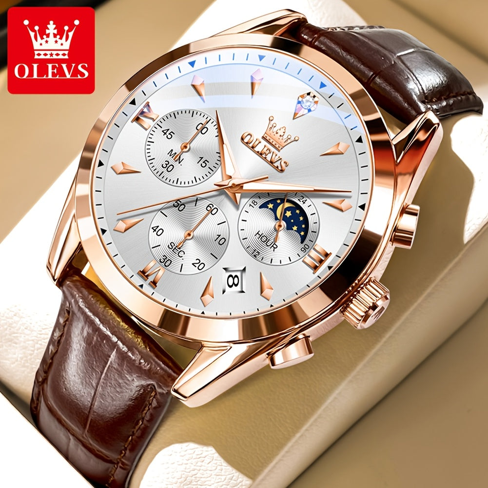 OLEVS Orologio da Uomo Classico Cronografo Cuoio Marrone Cassa Dorata Analogico Quarzo Moda Business Abito Quadrante Grande Orologio da Uomo Giorno Data Luminoso Casual Orologio da Polso Maschile Regali Romantici Relojes De Hombre Quadrante Blu/Nero/Bianc