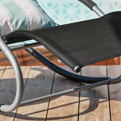 1 Pezzo Lettino Prendisole Lettino da Giardino Sdraio Relax Sedia a Dondolo da Esterno con Cuscino Poggiatesta Superficie Ergonomica Tessuto Resistente agli Agenti Atmosferici Struttura in Metallo Tasca Laterale Portata Massima 150 kg Terrazza Balcone Gia