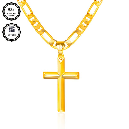 Collana con ciondolo da uomo in argento 925, catena Figaro minimalista placcata in oro 18 carati con ciondolo a croce 3D, regalo perfetto per lui, regalo per la festa del papà, confezione regalo