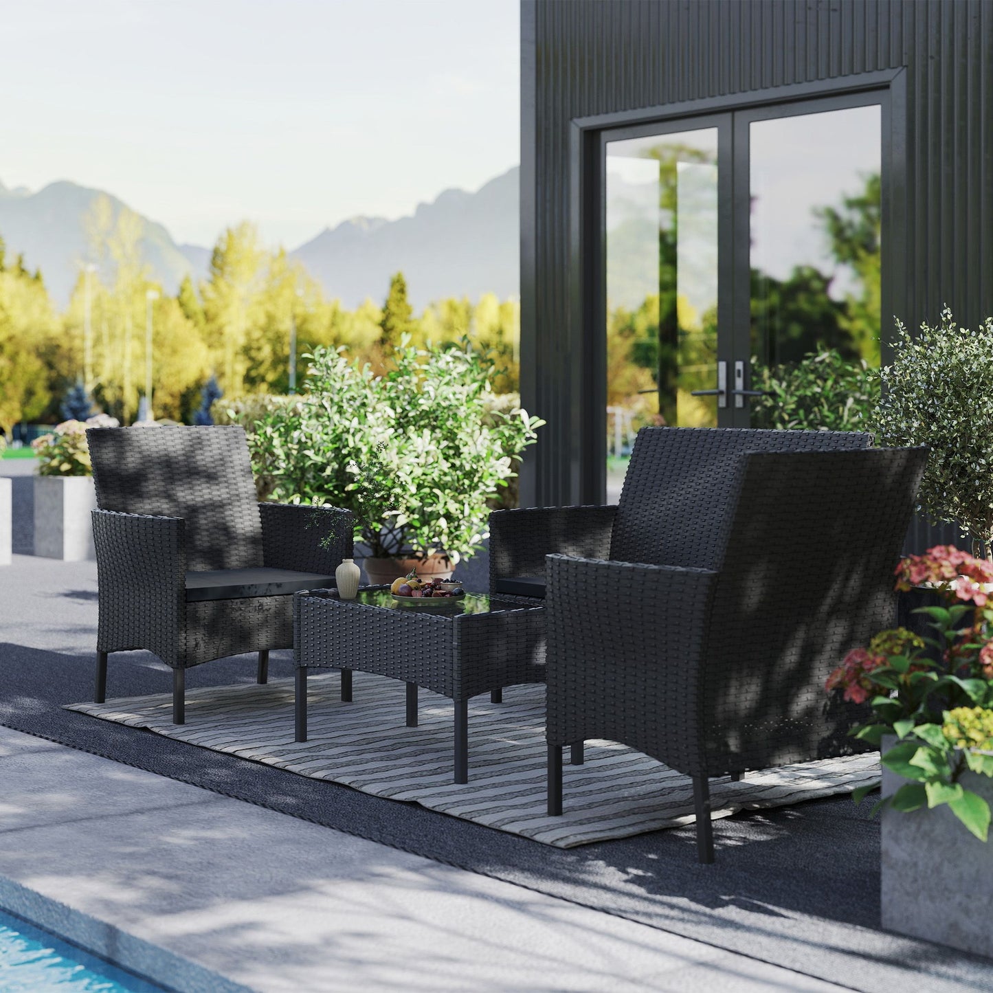 Mobili da giardino in rattan poli per balcone - set con divano a 2 posti, sedie singole e tavolo, cuscini imbottiti antracite - colorazione lounge (cuscini imbottiti antracite)