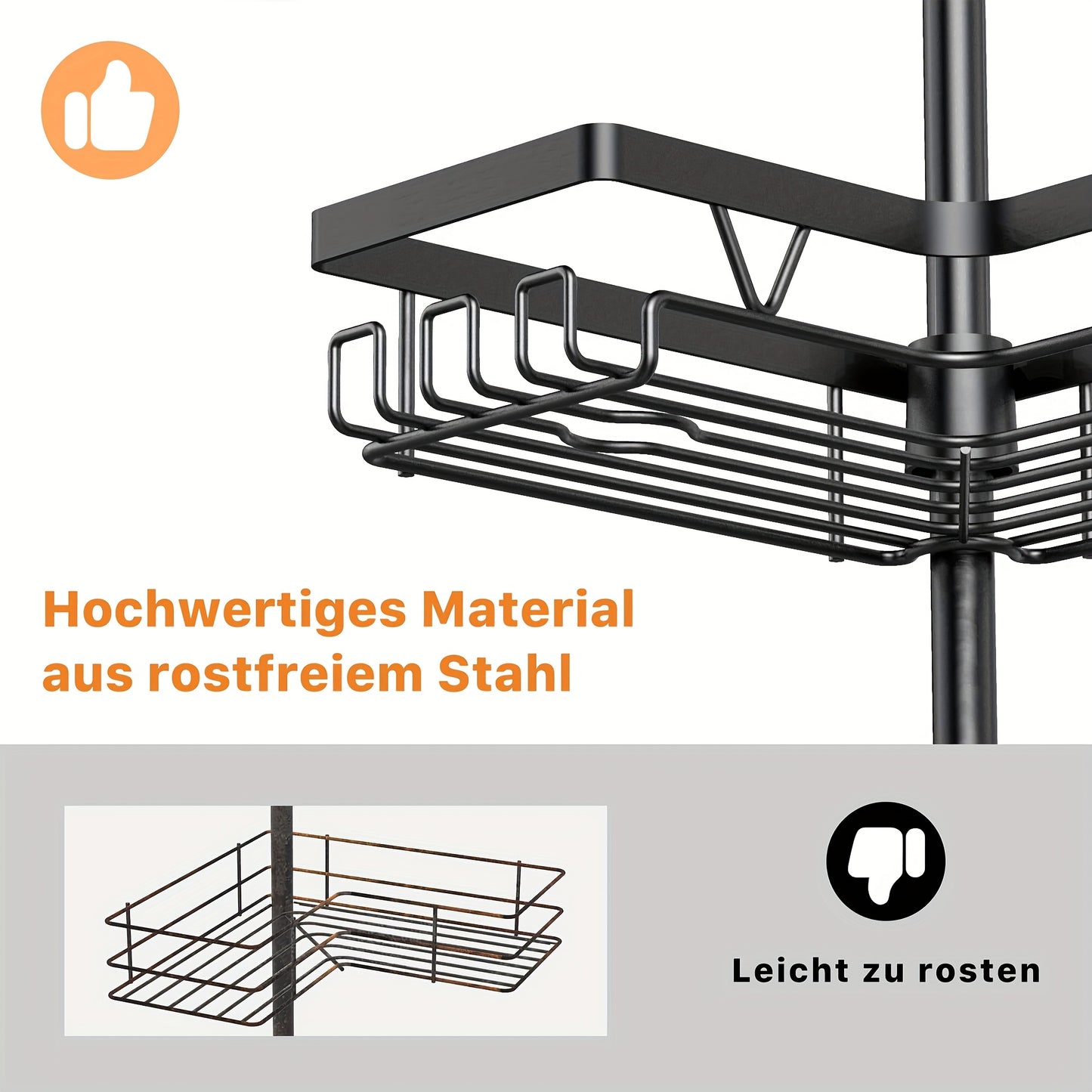 Un robusto e alto ripiano angolare per il bagno, un ripiano angolare regolabile per la doccia che non richiede foratura, dotato di un rack portaoggetti nero a 4 ripiani resistente alla ruggine, ideale per organizzare le aree angolari della doccia - Perfet