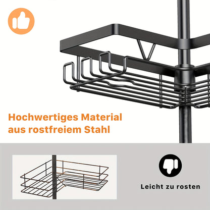 Un robusto e alto ripiano angolare per il bagno, un ripiano angolare regolabile per la doccia che non richiede foratura, dotato di un rack portaoggetti nero a 4 ripiani resistente alla ruggine, ideale per organizzare le aree angolari della doccia - Perfet