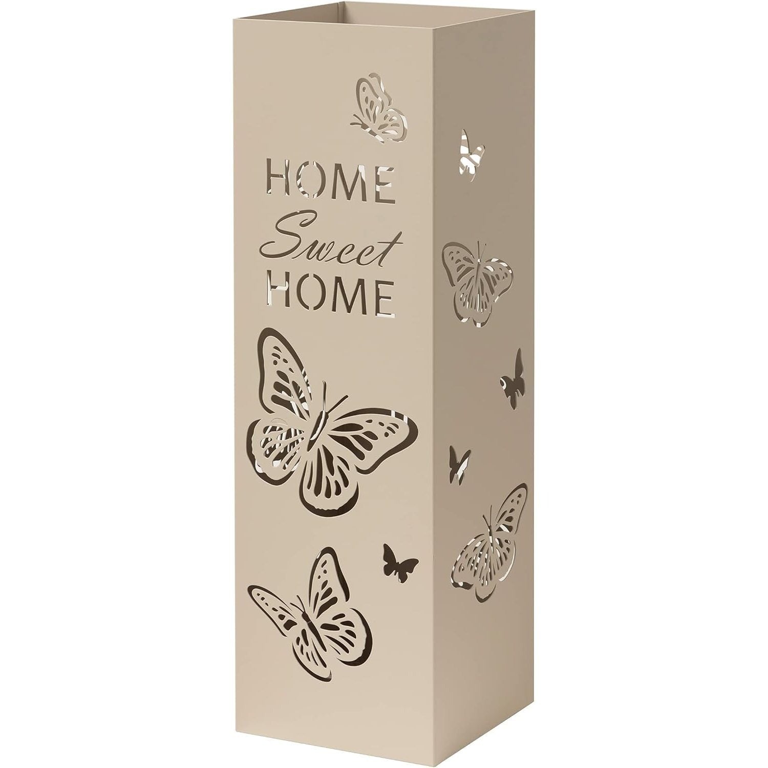 Baroni Home Portaombrelli Quadrato in Metallo Bianco | Nero | Tortora 15,5x15,5x49 cm con Intagli Scritta Home Sweet Home e Farfalle, Porta Ombrelli con Gancini e Vaschetta Raccogli Gocce Removibile in Plastica, Supporto per Ombrelli da Esterno e da Inter