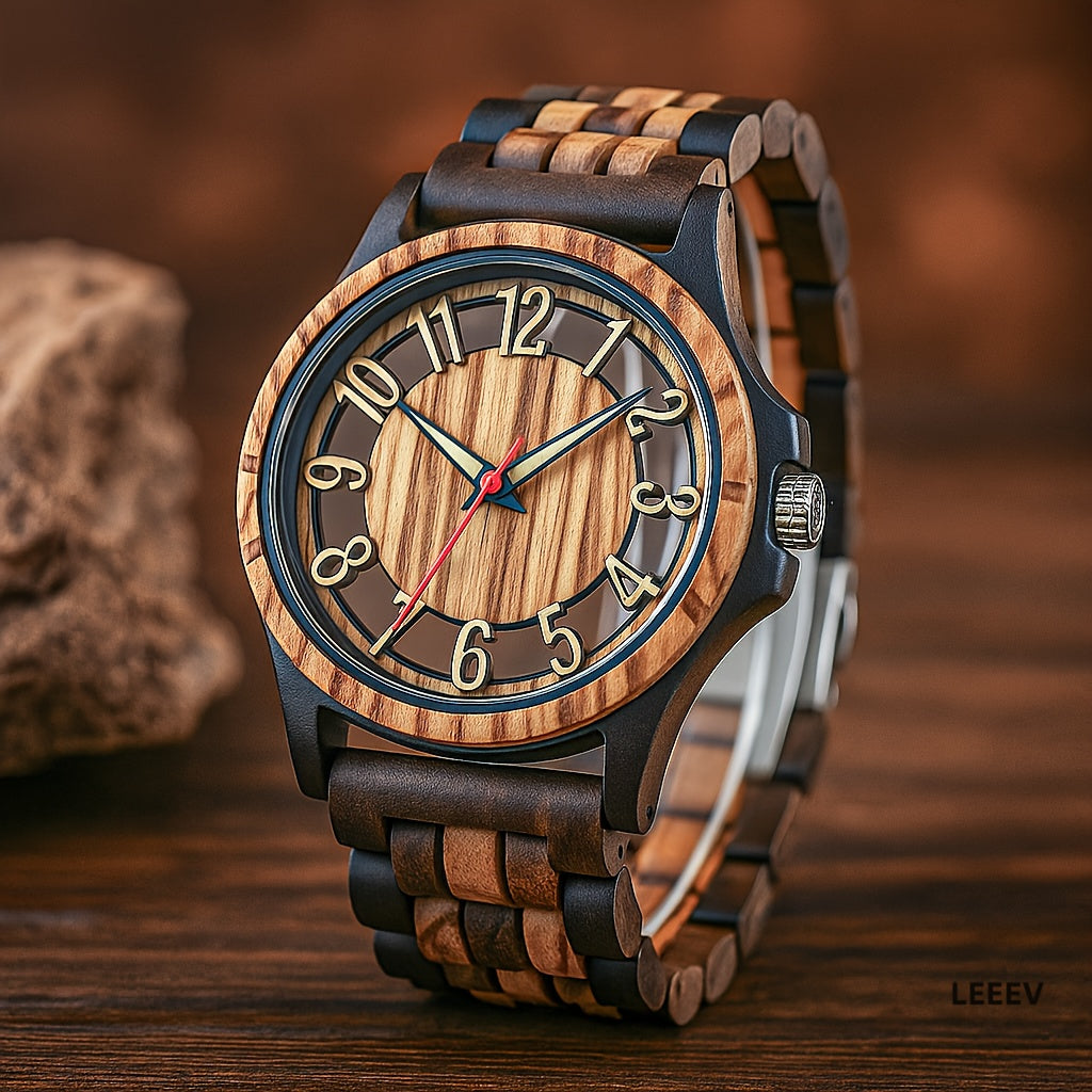 LeeEv Orologi da Uomo in Legno Leggero e Trasparente a Colori Mescolare, Incisi a Mano, Analogico al Quarzo, Orologio da Polso in Bambù, Regalo per Uomo