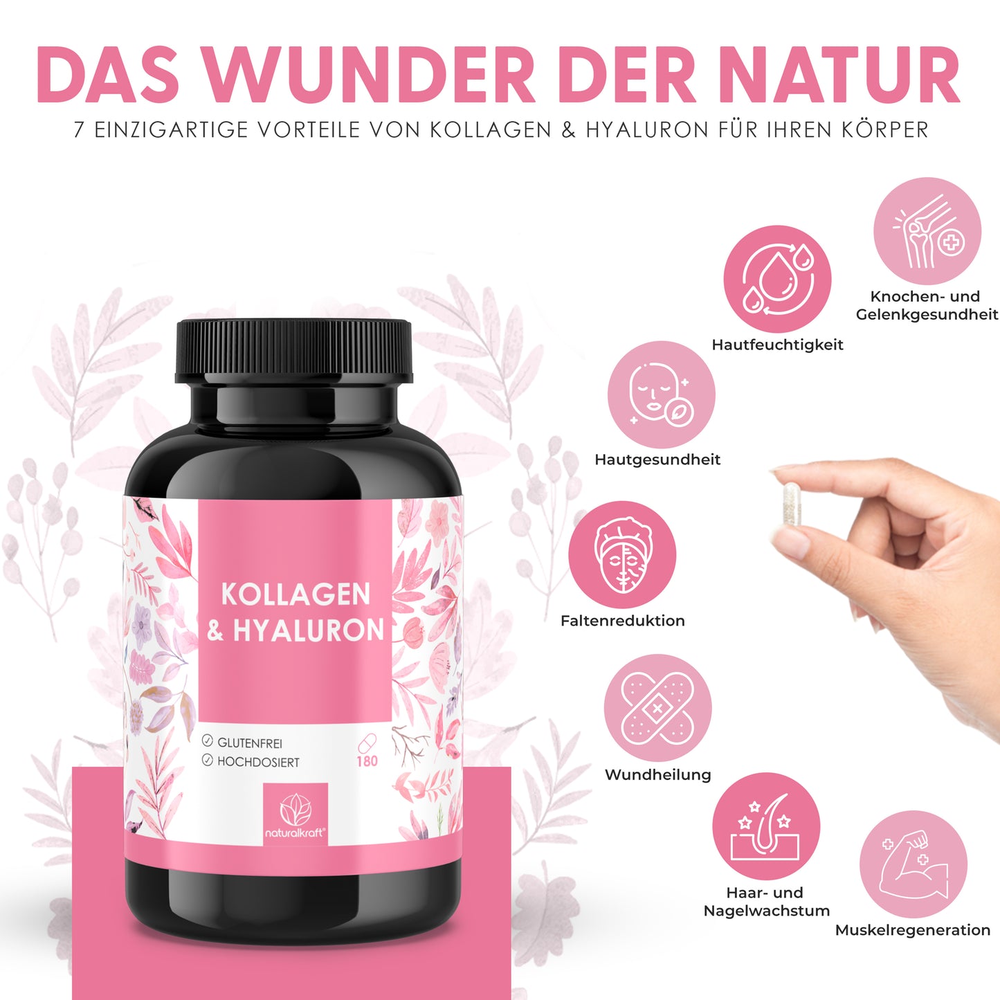 NATURALKRAFT® Collagene & Idroluroni Premium - con Biotina, Zinco, Selenio, Vitamina C & Silicio - Alta Biodisponibilità, Testato in Laboratorio, Qualità di Marca Tedesca - 180 Capsule