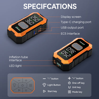 Avviatore di emergenza per auto 12000A con compressore d'aria, pompa di gonfiaggio per pneumatici senza fili, booster per batteria con power bank e torce LED, scatola di avviamento automatico 12V per tutti i veicoli a benzina o diesel da 10.0L, doppio dis