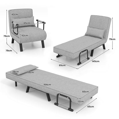 4 in 1 Poltrona Letto Singolo, Poltroncina Pieghevole con Schienale Regolabile in 6 Posizioni, Sedile Imbottito Robusto, Divano Letto per Casa Ufficio, 79x65x79 cm