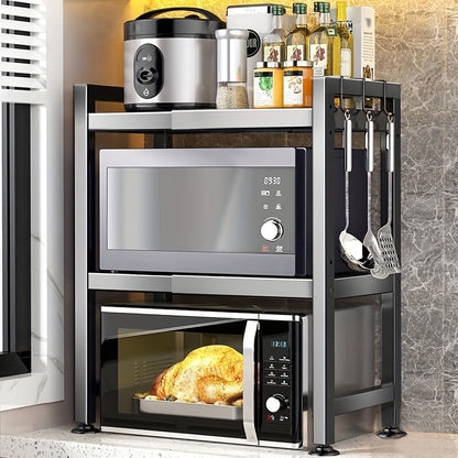 Scaffale da microonde a 3 livelli regolabile e resistente, scaffale orizzontale di estensione per cucina, scaffale per posacenere, materiale in acciaio al carbonio nero opaco, dotato di 6 ganci, artefatto multifunzionale a doppio uso per casa e ufficio, s