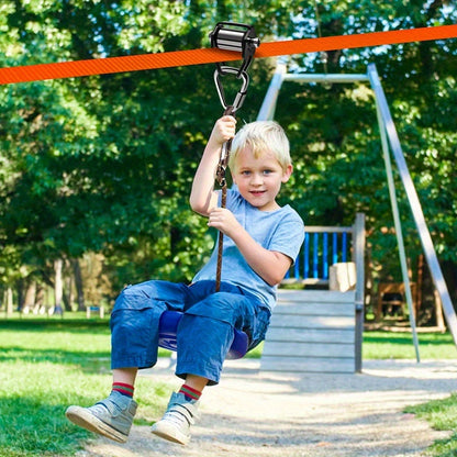 Set da 9 pezzi per ziplining in giardino, include kit scivolo zipline da esterno, puleggia stretta con gancio triangolare, set cintura piatta arancione stretta, altalena blu in ABS, borsa nera, portachiavi blu e set di giocattoli da esterno