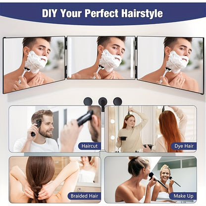 Specchio e pettine a 3 vie, specchio da trucco pieghevole rotante a 360 gradi con ganci - Staffa ad altezza regolabile, specchio multifunzionale per taglio auto, rasatura, bellezza, cura del viso