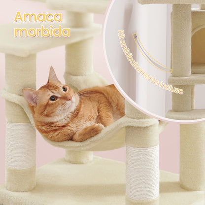 Albero per Gatti 112 cmdi Peluche, 4 Pali Tiragraffi, 2 Pompon, 1 Amaca, 2 Piattaforme, 1 Nicchia