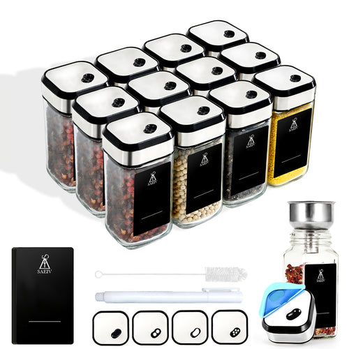 SAEIV Set di 12/24 Bottiglie Quadrate in Vetro per Condimenti (con Coperchio), Bottiglie in Vetro, Bottiglia per Spezie da 120ml, Scala a Tre Livelli con Rotazione a 360°, Scelta Ideale per Conservare le Spezie in Cucina