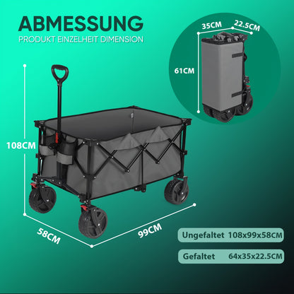 Carrello Pieghevole Pesante Fuoristrada 200L/ Capacità 330kg, Ruote in PU 17x10cm con Freni, Design Pieghevole a 4 Vie Brevettato, Telaio in Tela Durevole, Tela Verde/ Grigio-Blu/ Nero/ Antracite, GS- per Cantieri/ Campeggio, Carrello da Trasporto Profess