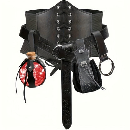 Set da 5 pezzi in stile rinascimentale con corsetto aderente in ecopelle, cintura, marsupio, portamonete, boccetta di pozione luminosa e gonna, adatto per escursionismo, cosplay medievale, Halloween, Giorno del Ringraziamento, Natale e altre occasioni.