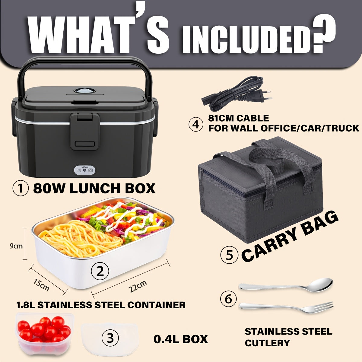 Questa lunch box offre un'uscita di potenza di 80W e una capacità di 1.8 litri, rendendola ideale per pasti per adulti. È una thermos portatile progettata per riscaldare il cibo in movimento. Include una borsa termica e un set di posate.