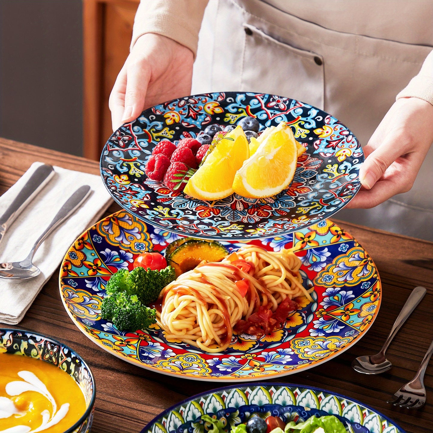 Set di stoviglie in stile bohémien da 24 pezzi, con motivo a doppia faccia, set da pranzo in porcellana con piatti, piatti da dessert, ciotole per cereali, ciotole per pasta, servizio per 6 persone