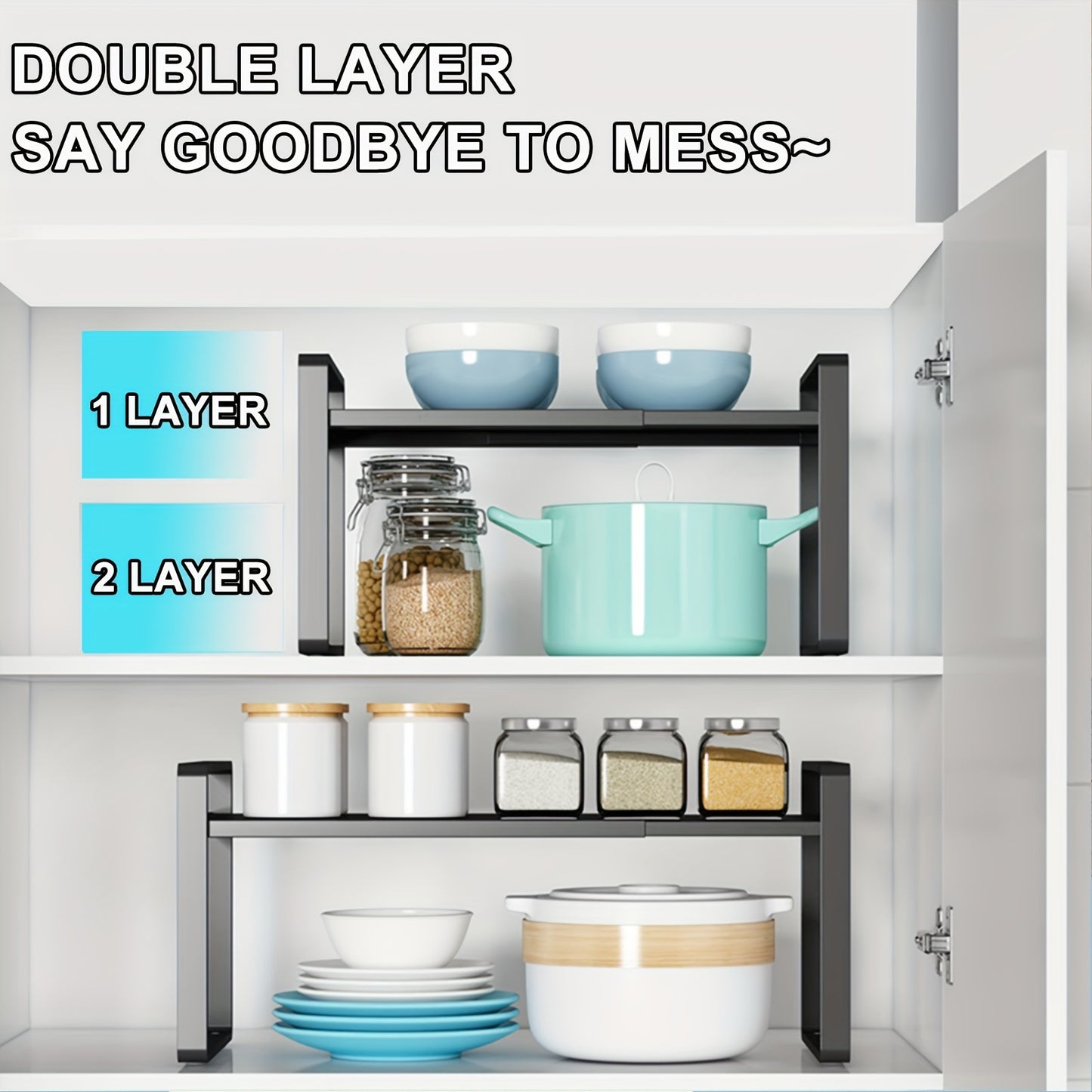 Organizzatore di Scaffali da Cucina in Metallo Regolabile ed Espandibile, Porta Spezie per Banconi e Armadietti, Ideale per Dispensa, Bagno - Scaffali Multiuso a Staffa Sopra, Organizzatori e Contenitori da Cucina, Mensole di Utilità