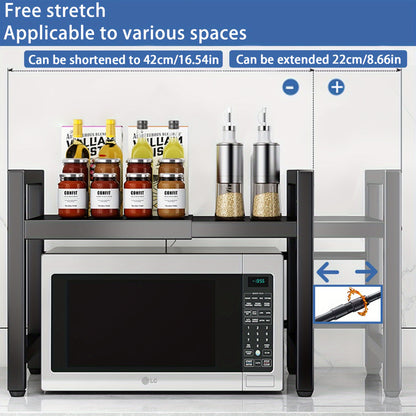 Scaffale Estendibile per Microonde a 2 Livelli con 5 Ganci, Porta Taglieri e 3 Asciugamani, Scaffale per Cucina, Scaffale per Microonde e Forno da Piano, Estendibile 40-64 cm (Nero, Bianco)