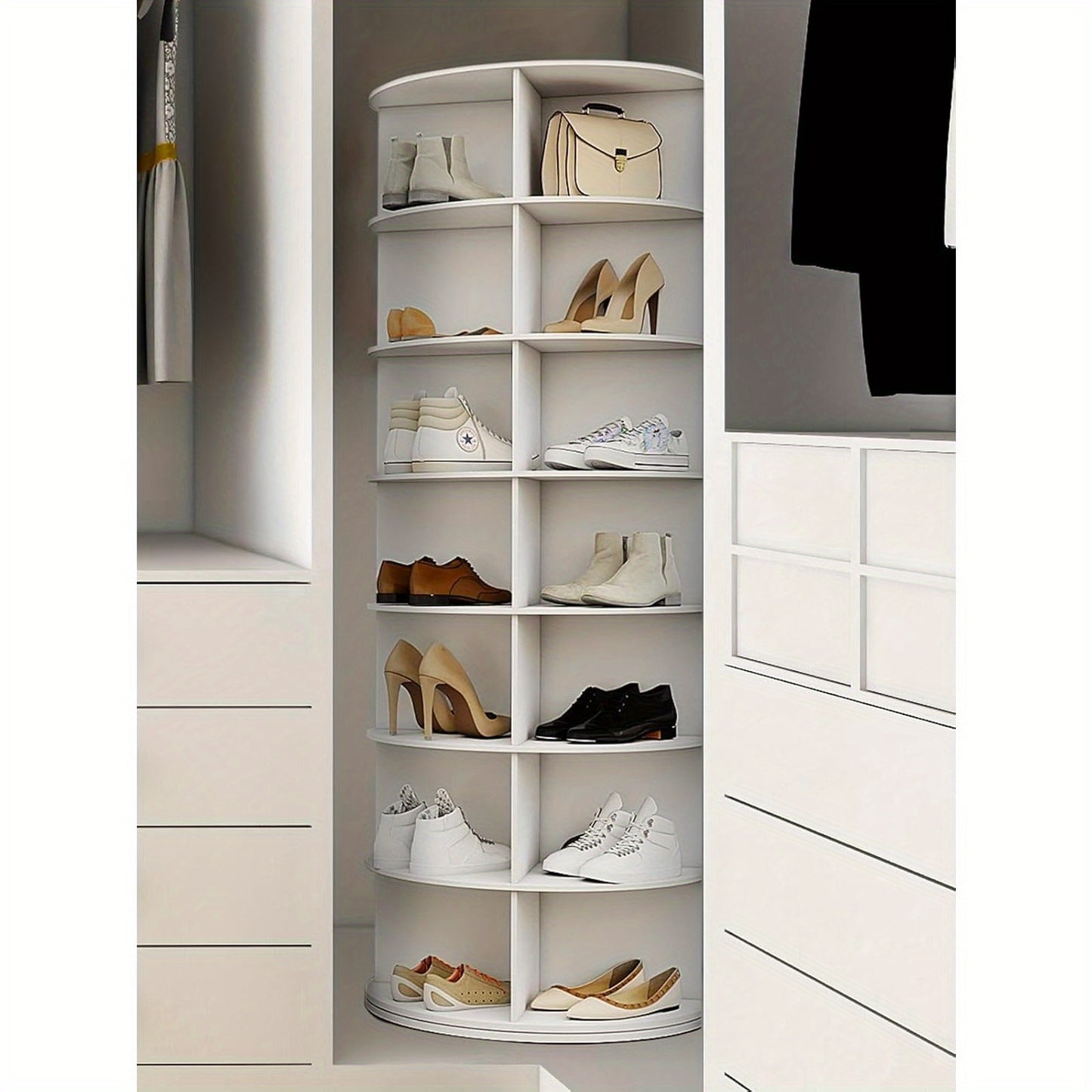 Torre portascarpe girevole a 5/6/7 ripiani per 20/24/28 paia di scarpe, espositore girevole a 360° bianco, organizzatore Lazy Susan, scaffale portascarpe a carosello rotondo, carosello verticale per cappelli e borse