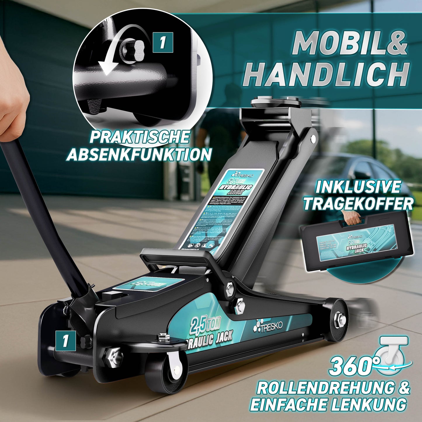 Cric idraulico per auto TRESKO® 2.5 - 3T | Cric idraulico per spostamento auto e SUV con ruote piane e a 360°, include 2 guarnizioni in gomma, tappetino protettivo, guanti