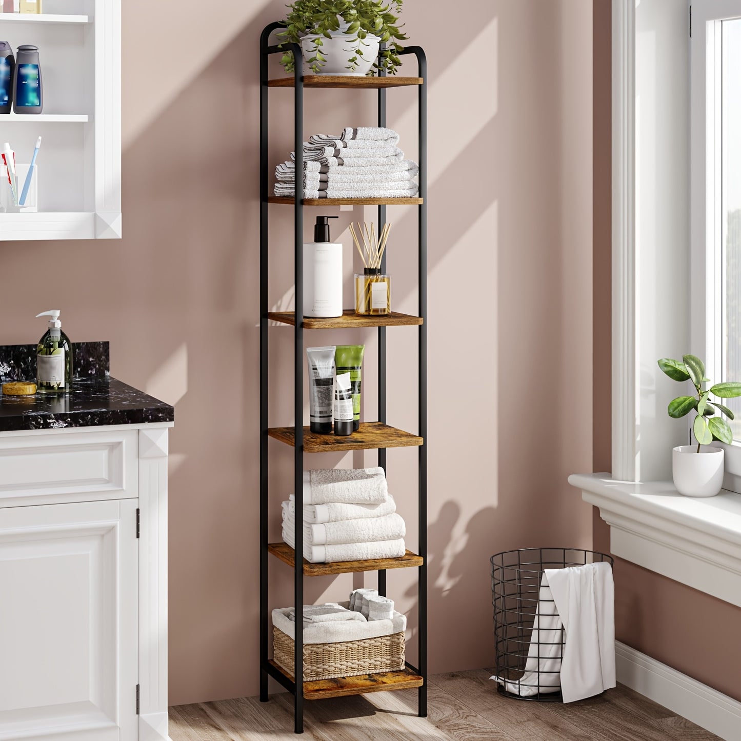 Libreria, Scaffale, Scaffale a Piedi, Libreria Stretta, Scaffale Angolare Industriale, Scaffale Sottile per Ufficio Domestico, Soggiorno, Camera da Letto, Cucina, 6 Ripiani Vintage Marrone-Nero