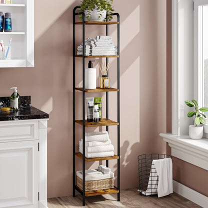 Libreria, Scaffale, Scaffale a Piedi, Libreria Stretta, Scaffale Angolare Industriale, Scaffale Sottile per Ufficio Domestico, Soggiorno, Camera da Letto, Cucina, 6 Ripiani Vintage Marrone-Nero