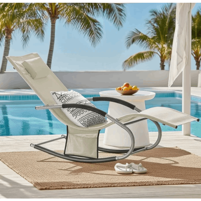 1 Pezzo Lettino Prendisole Lettino da Giardino Sdraio Relax Sedia a Dondolo da Esterno con Cuscino Poggiatesta Superficie Ergonomica Tessuto Resistente agli Agenti Atmosferici Struttura in Metallo Tasca Laterale Portata Massima 150 kg Terrazza Balcone Gia