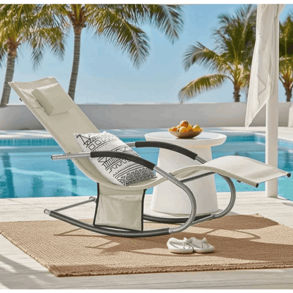 1 Pezzo Lettino Prendisole Lettino da Giardino Sdraio Relax Sedia a Dondolo da Esterno con Cuscino Poggiatesta Superficie Ergonomica Tessuto Resistente agli Agenti Atmosferici Struttura in Metallo Tasca Laterale Portata Massima 150 kg Terrazza Balcone Gia