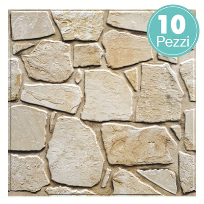 Questo pacchetto include dieci pannelli murali 3D autoadesivi con superficie in PVC effetto pietra, ciascuno misurato 30 per 30 centimetri, progettati per decorare pareti interne.