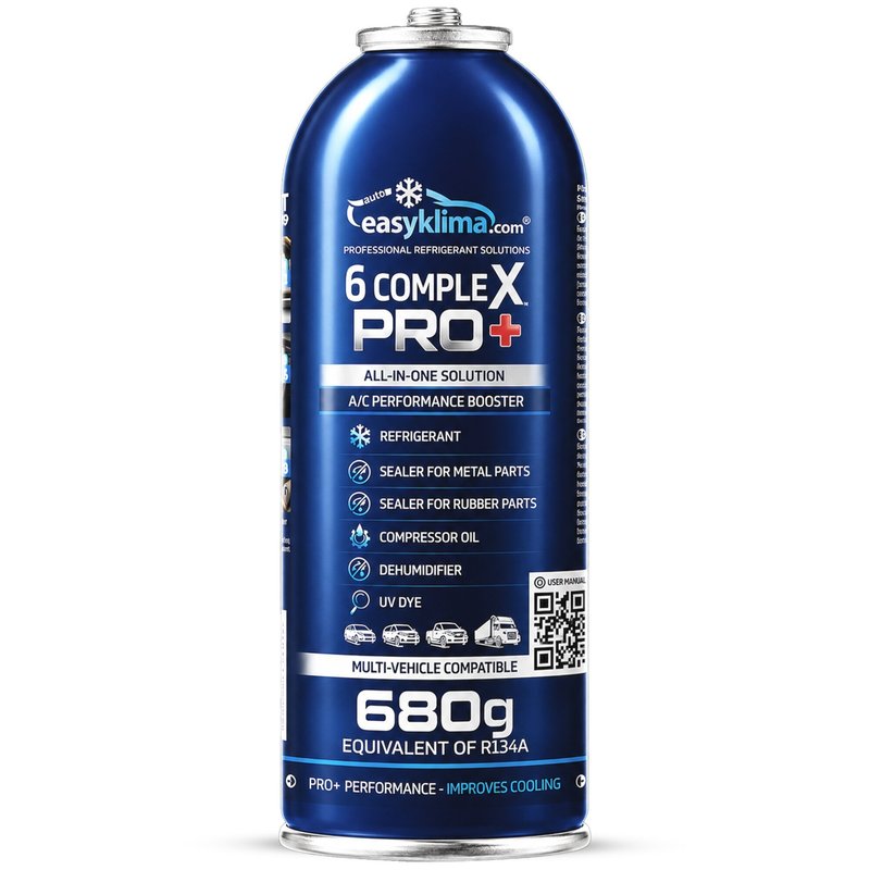 Kit 2x EasyKlima 6 Complex PRO+ R134a 6 in 1, due preparati per aria condizionata automobilistica, bombola da 680 g, agente di ricarica per impianti, sigillante per gomma e metallo, olio per compressore, essiccante per riduzione umidità, colorante UV per