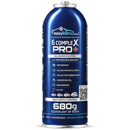 Kit 2x EasyKlima 6 Complex PRO+ R134a 6 in 1, due preparati per aria condizionata automobilistica, bombola da 680 g, agente di ricarica per impianti, sigillante per gomma e metallo, olio per compressore, essiccante per riduzione umidità, colorante UV per