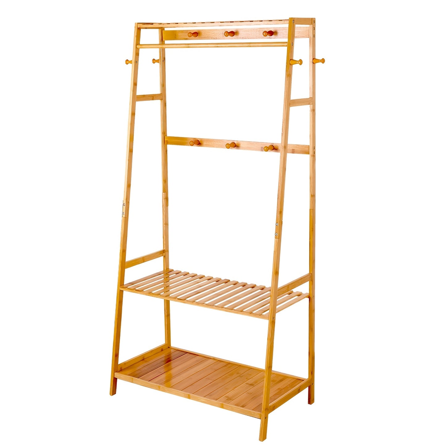 Appendiabiti in Bambù con 3 Ripiani e 10 Ganci, 80 x 43,5 x 165 cm, Organizzatore Portatile per Abiti Scarpe Cappelli Borse da Ingresso Camera Soggiorno